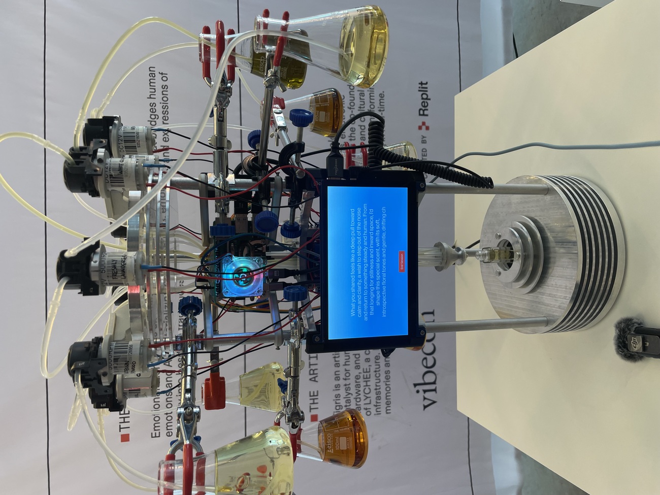The Emotional Alchemy fragrance machine: a ring of scent flasks, pumps and tubing, with a screen showing the AI's response